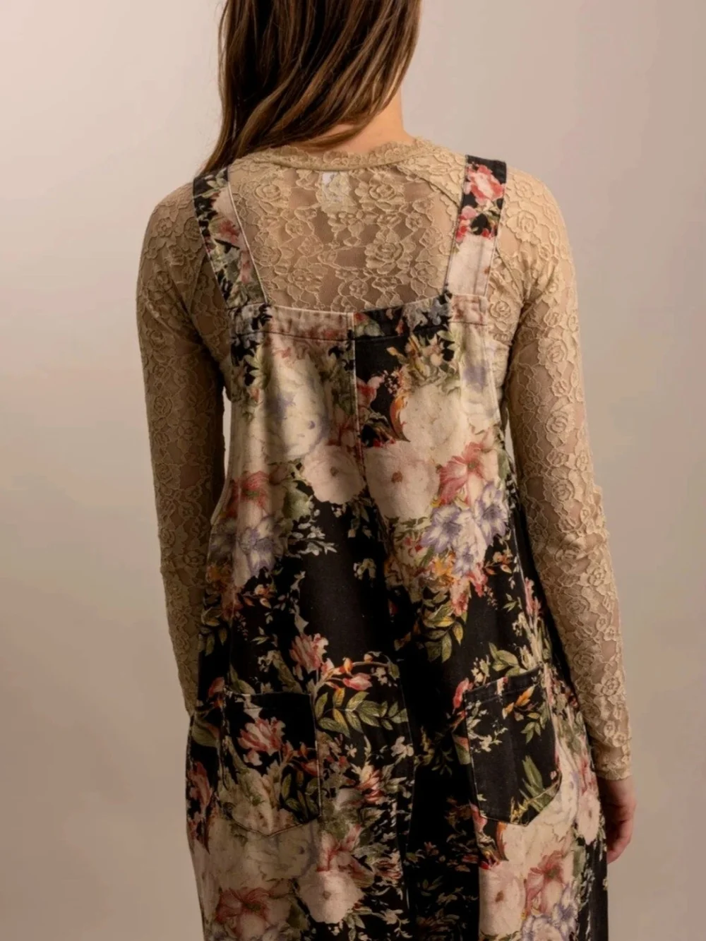 Blue Velvet Floral Print Women Jeans Overalls - Black Floral